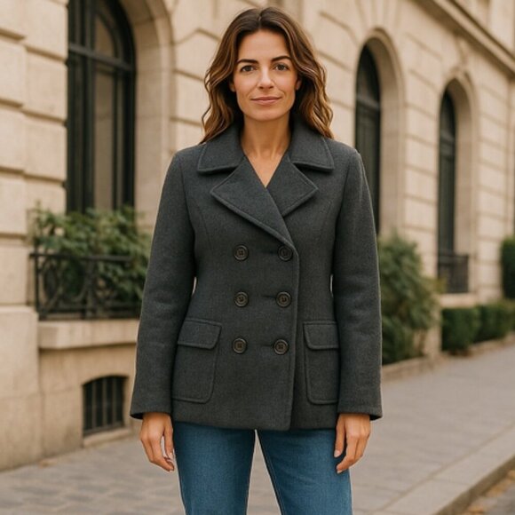 Aeropostale Women’s L Pea Coat Gray Wool Blend Double Breasted  Button Front - Picture 1 of 3